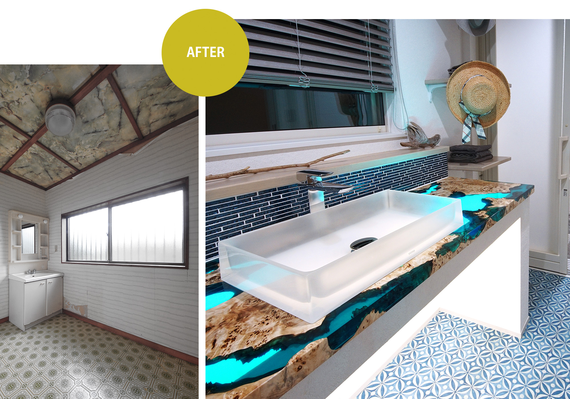 洗面脱衣室にもアクセントとなるレジンテーブル