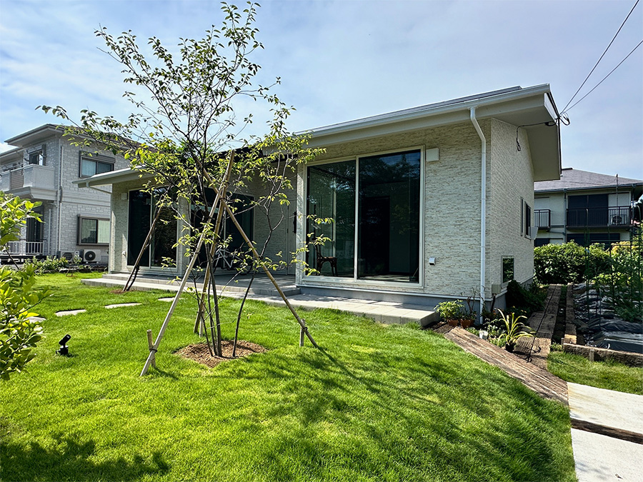 柔らかな緑の絨毯のあるファサード