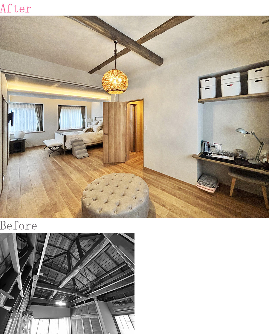 既存の構造材を活かした、リノベーションならではのアクセント